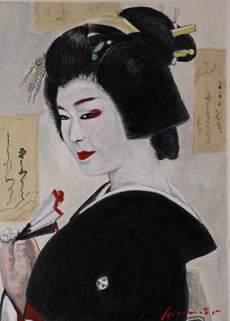 【真作】『小夜更けて 』　京都舞妓 手描き1点物。（アクリル防カビ保護ワニス済）