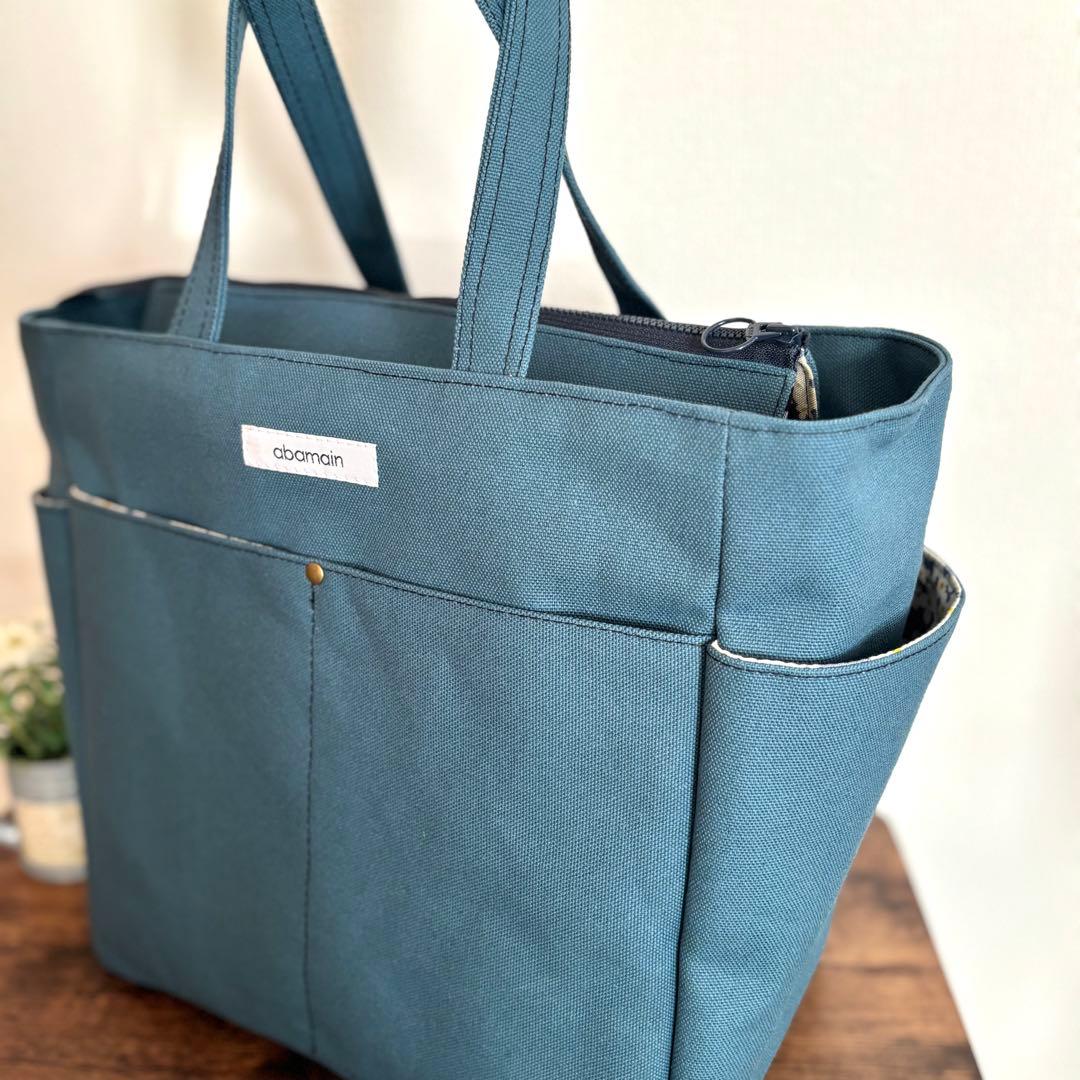 倉敷8号帆布サイドポケット付きトートバッグL ミネラルブルー×あじさい柄