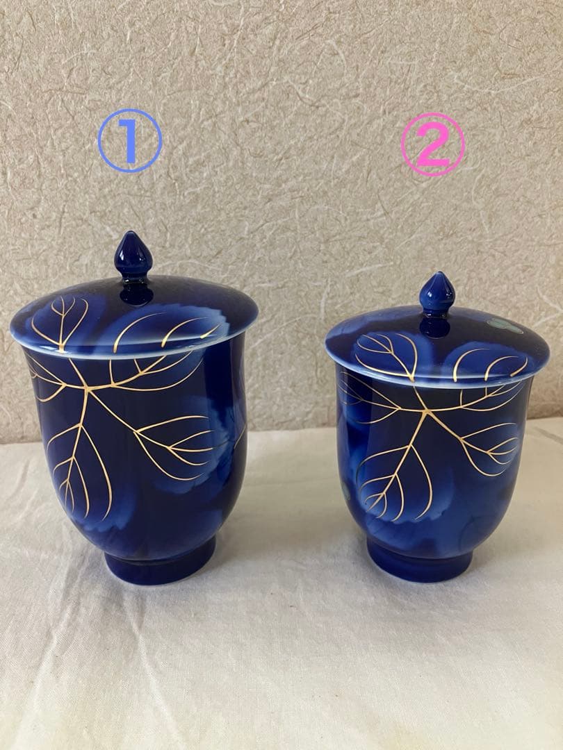 深川製磁　金彩　瑠璃葡萄　蓋付き　夫婦　茶碗　湯呑み