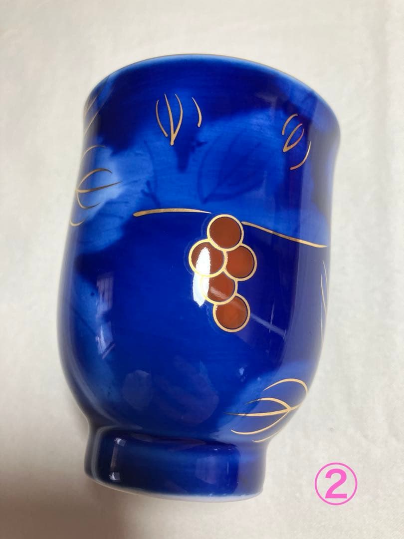 深川製磁　金彩　瑠璃葡萄　蓋付き　夫婦　茶碗　湯呑み