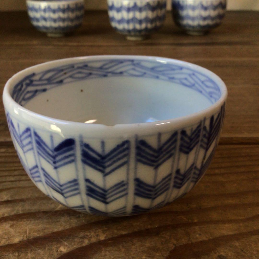 No4806￼ 古伊万里　染付矢羽文　見込寿字　輪茶碗　4客　陶磁器　送料無料