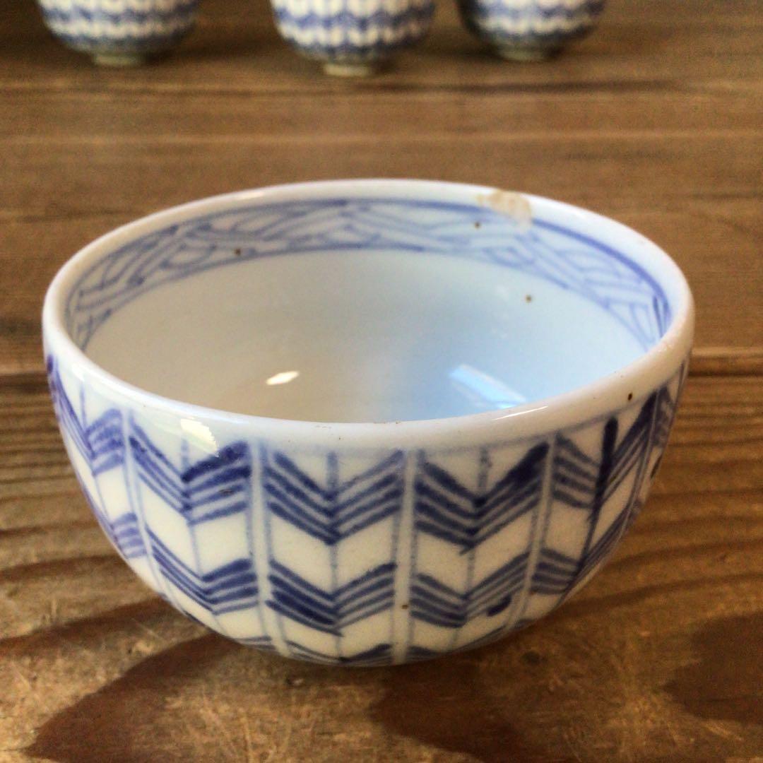 No4806￼ 古伊万里　染付矢羽文　見込寿字　輪茶碗　4客　陶磁器　送料無料