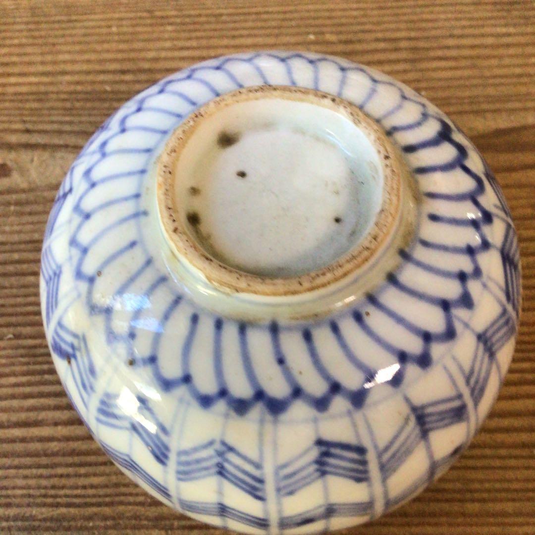 No4806￼ 古伊万里　染付矢羽文　見込寿字　輪茶碗　4客　陶磁器　送料無料