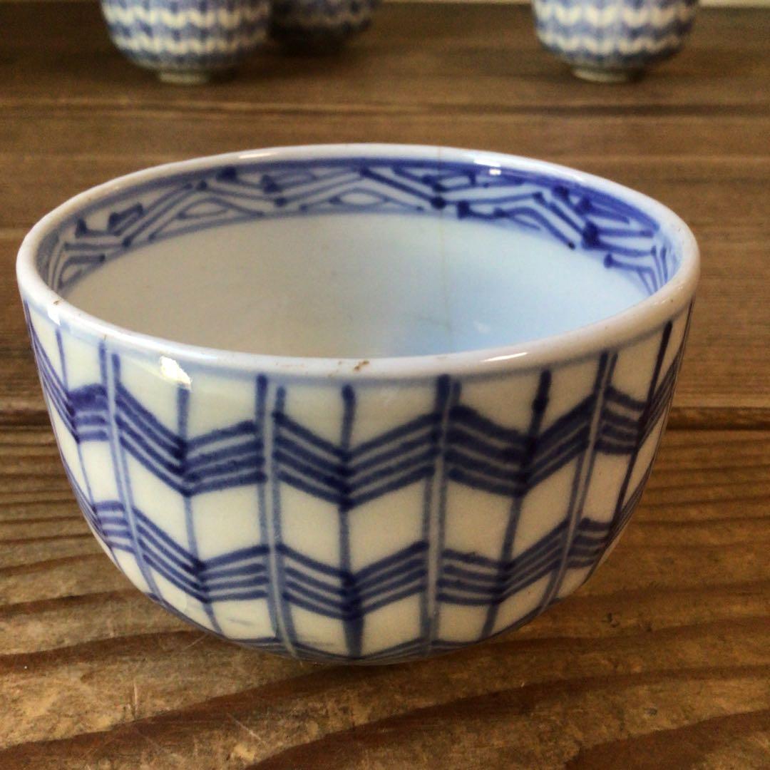 No4806￼ 古伊万里　染付矢羽文　見込寿字　輪茶碗　4客　陶磁器　送料無料