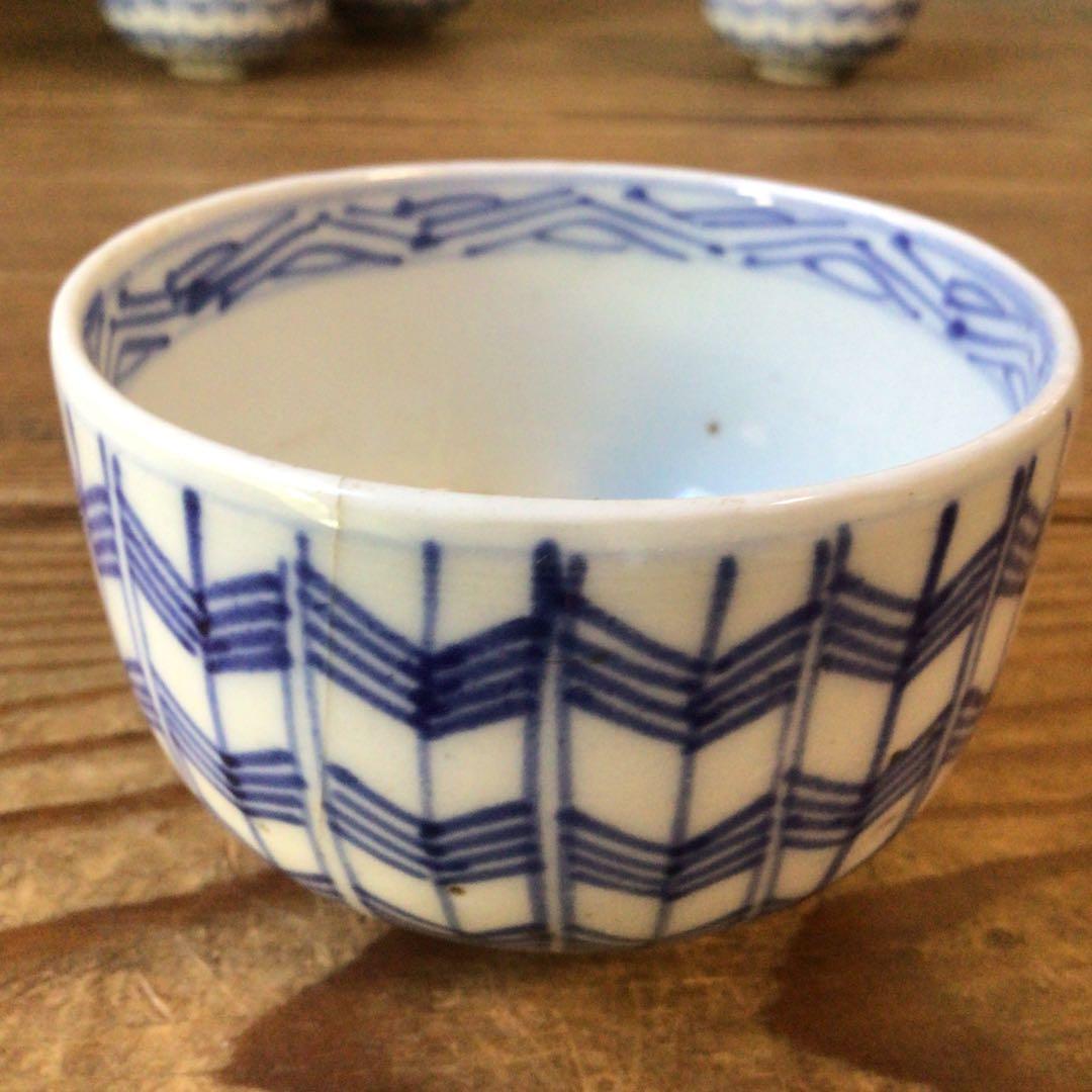 No4806￼ 古伊万里　染付矢羽文　見込寿字　輪茶碗　4客　陶磁器　送料無料