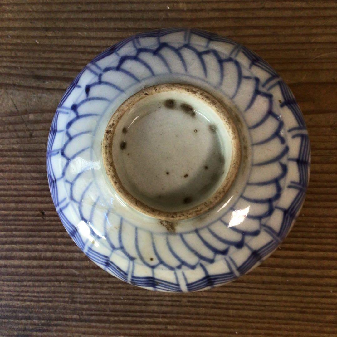 No4806￼ 古伊万里　染付矢羽文　見込寿字　輪茶碗　4客　陶磁器　送料無料