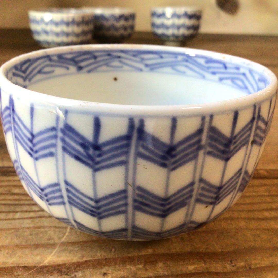 No4806￼ 古伊万里　染付矢羽文　見込寿字　輪茶碗　4客　陶磁器　送料無料