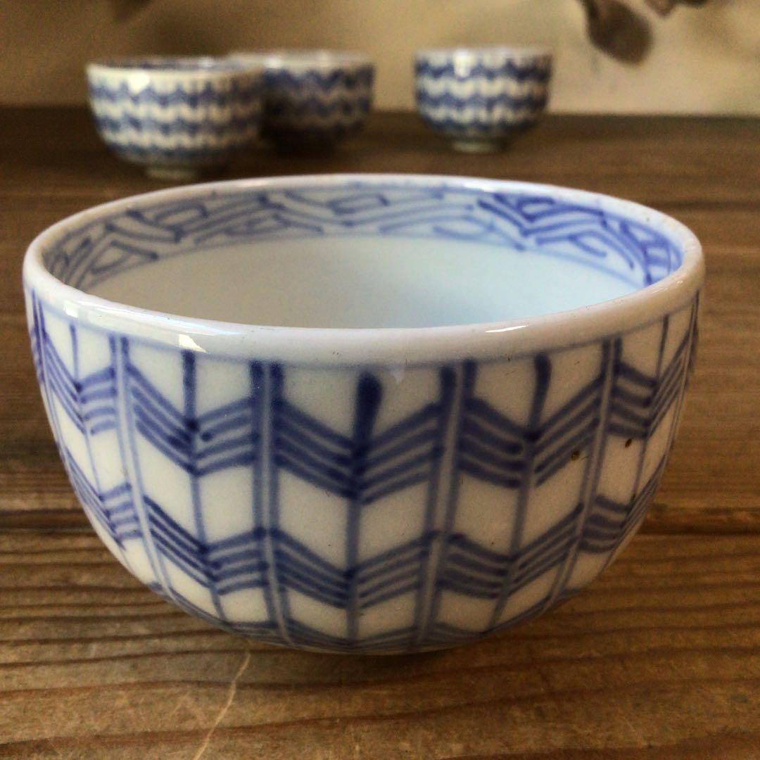 No4806￼ 古伊万里　染付矢羽文　見込寿字　輪茶碗　4客　陶磁器　送料無料