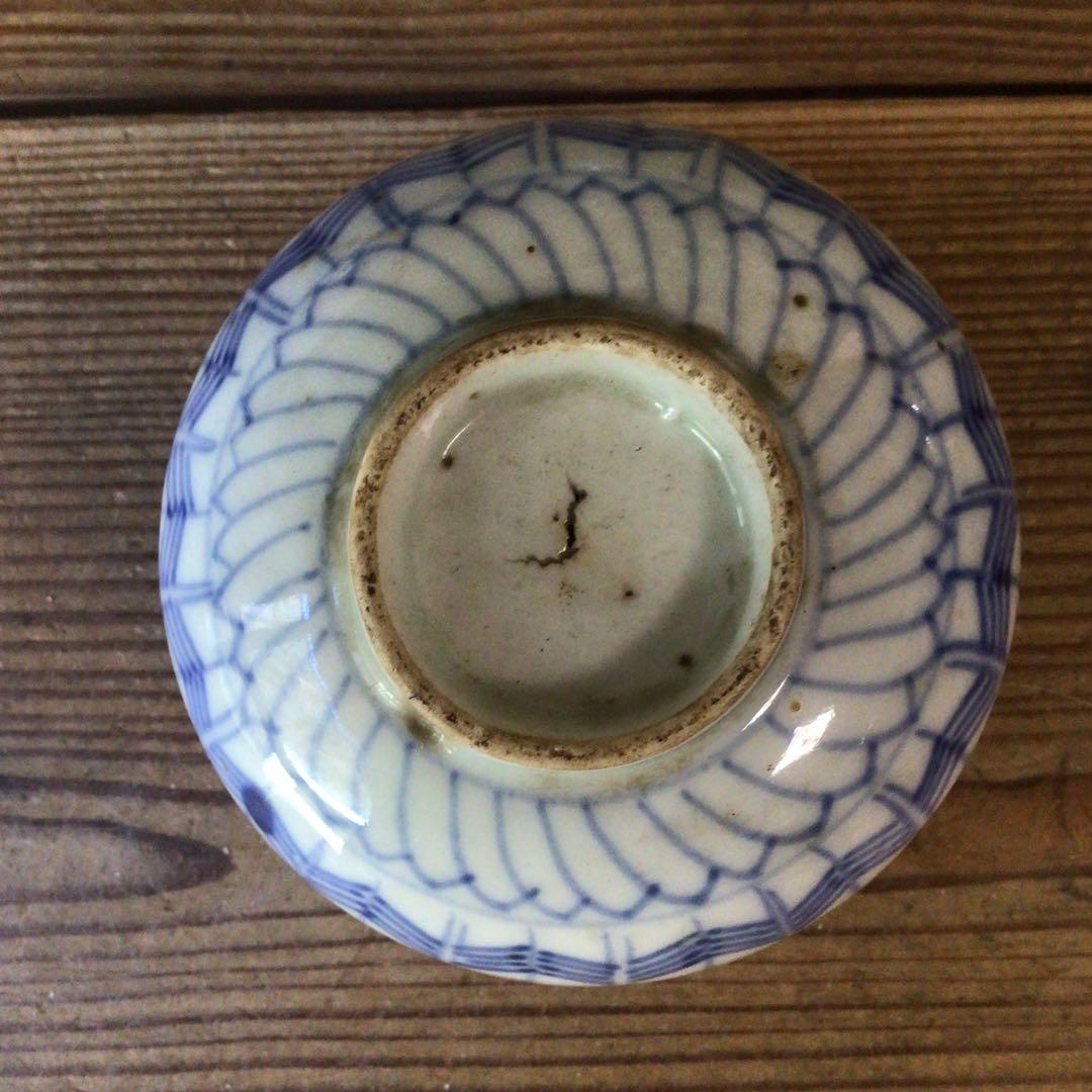 No4806￼ 古伊万里　染付矢羽文　見込寿字　輪茶碗　4客　陶磁器　送料無料