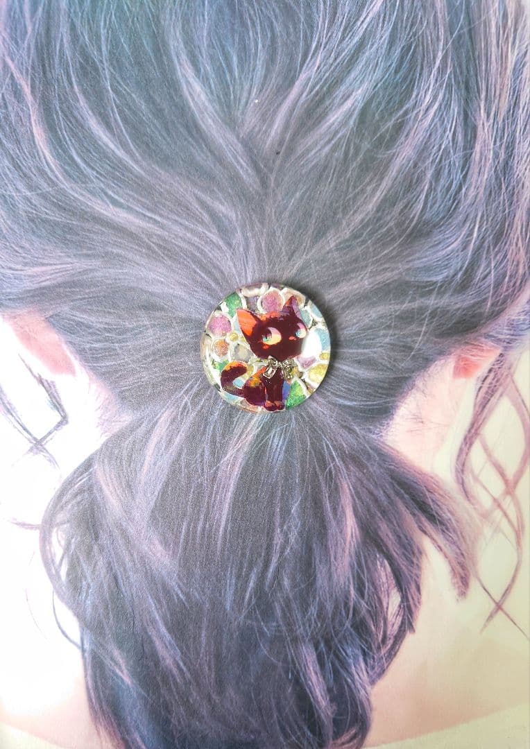 レジン　猫　ヘアゴム　ブローチ　ポニーフック　No.575