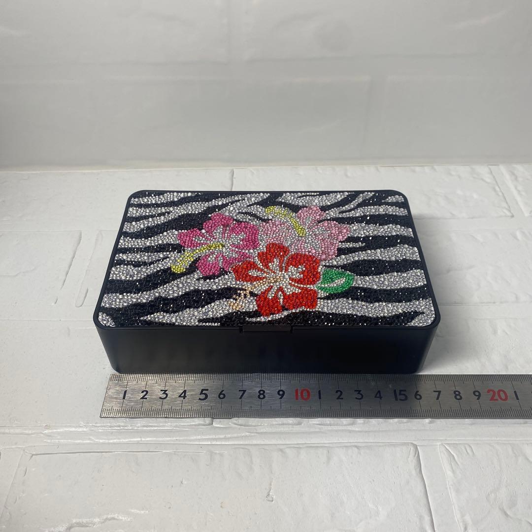 【一点物】豪華ストーンデコ メイクボックス ゼブラ×ハイビスカス柄（ミラー付）