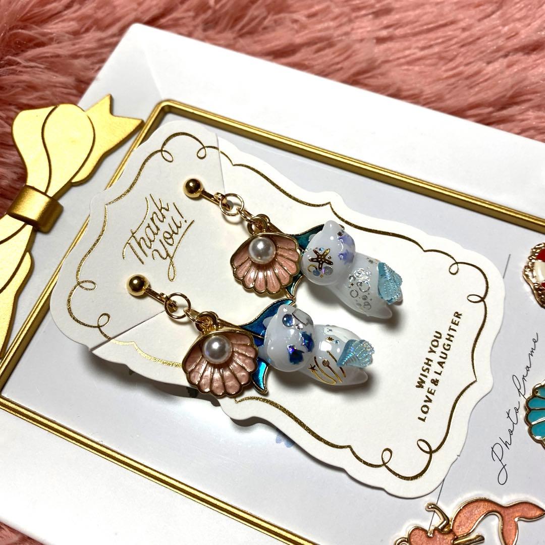☆イルカのフィンとシェルがオシャレSummer猫ちゃんイヤリング☆