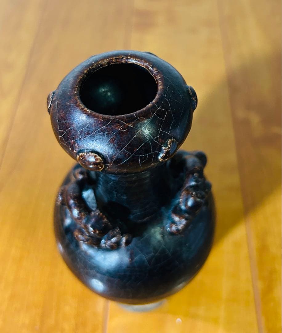 古美術 黑釉蒜頭瓶 宋時代