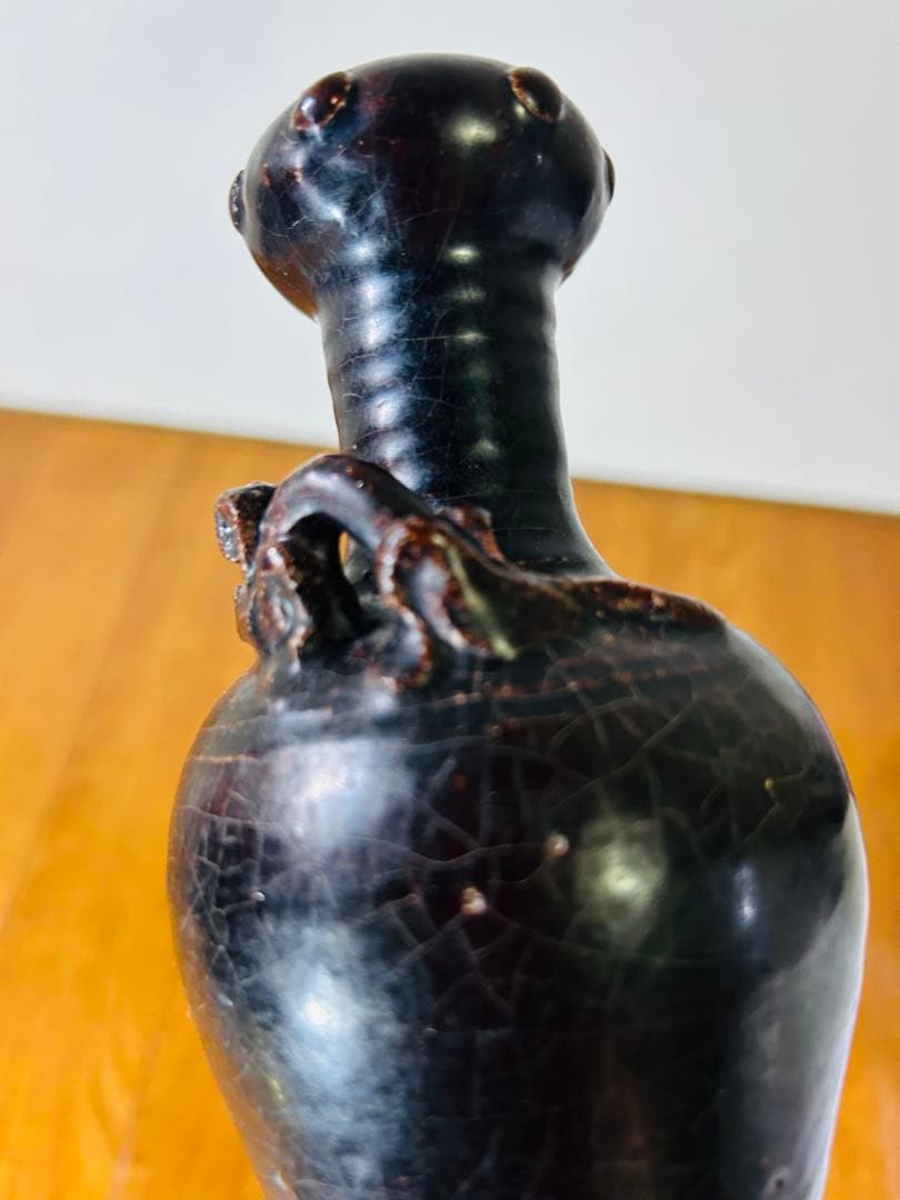 古美術 黑釉蒜頭瓶 宋時代