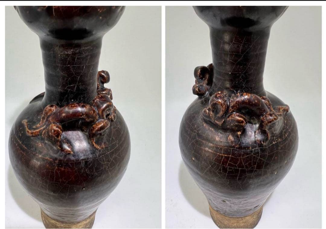 古美術 黑釉蒜頭瓶 宋時代