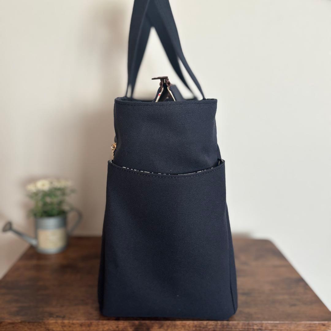 倉敷8号帆布サイドポケット付きトートバッグL ネイビー×あじさい柄