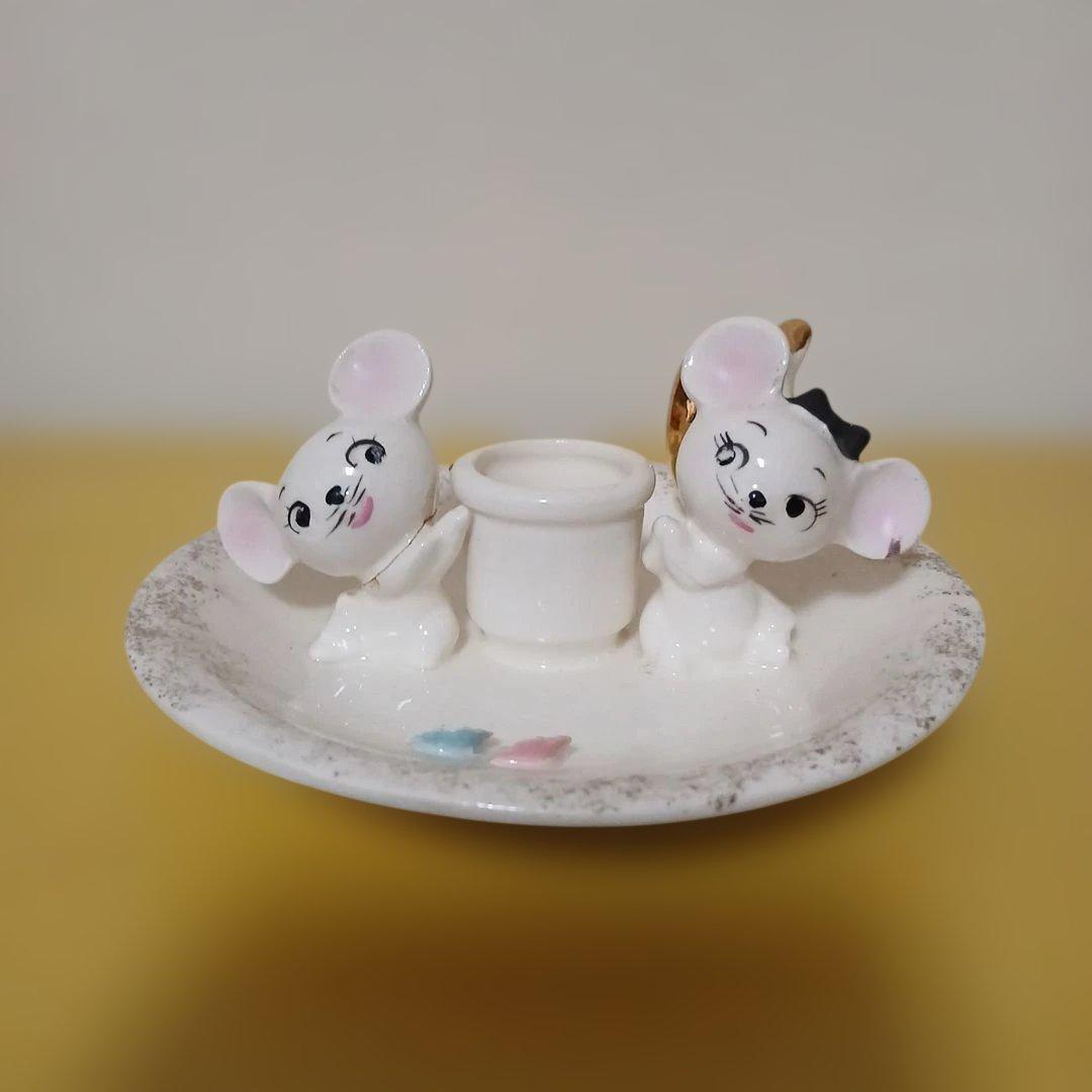 レトロ　ネズミ　キャンドルホルダー　陶器　置物