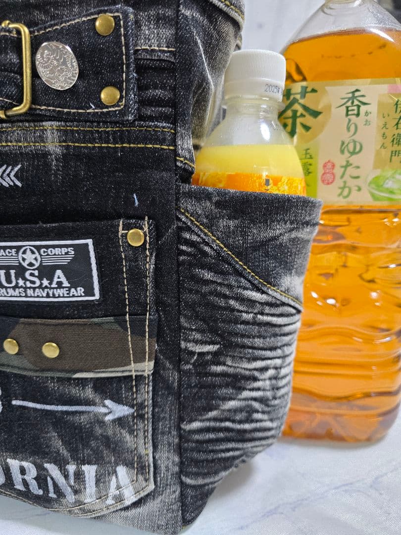 大きめ デニムリメイクバッグ 上部ファスナー メンズ COOL 底板付き