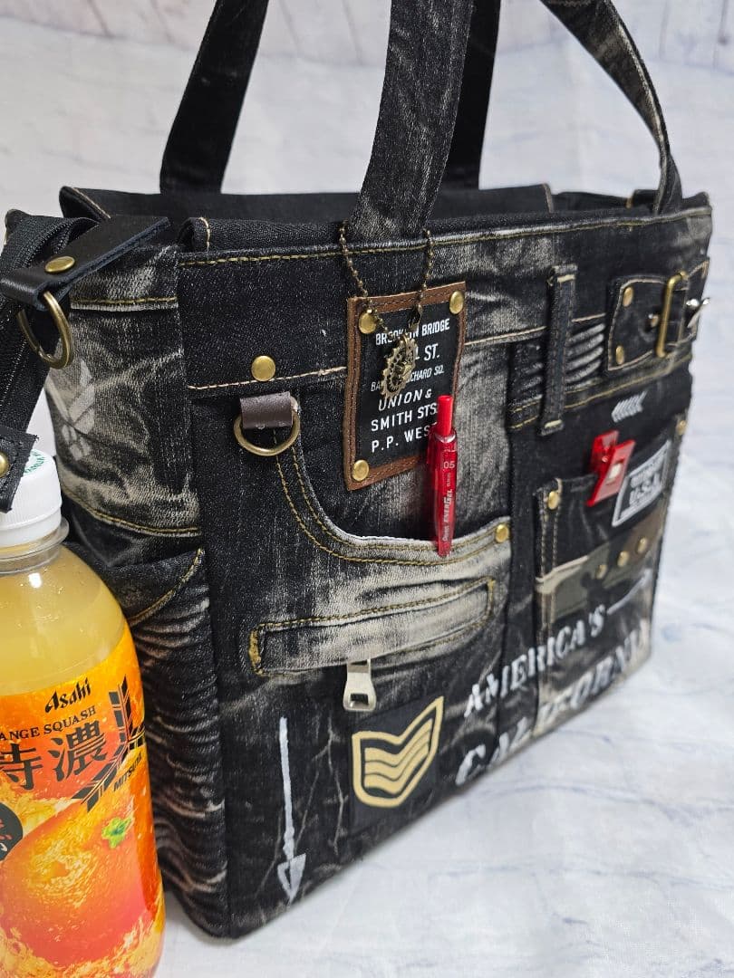 大きめ デニムリメイクバッグ 上部ファスナー メンズ COOL 底板付き