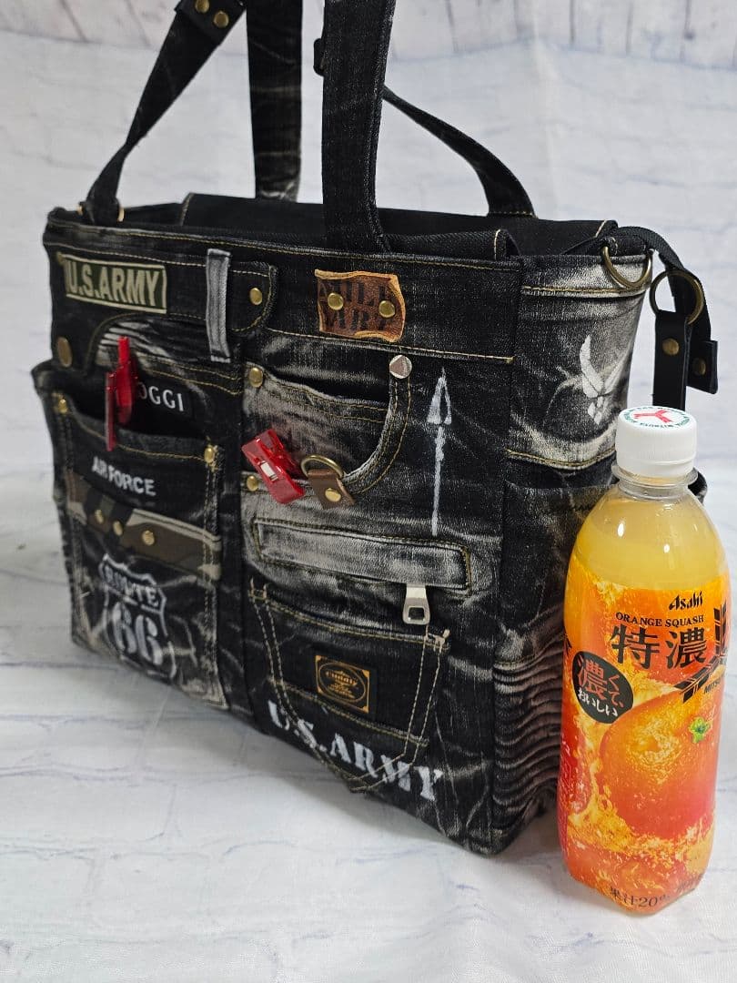 大きめ デニムリメイクバッグ 上部ファスナー メンズ COOL 底板付き