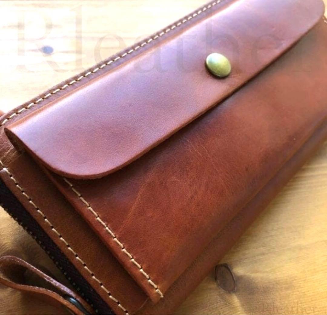 イタリアンレザー 本革 革 レザー 長財布　茶色ブラウン　ハンドメイド ＃624