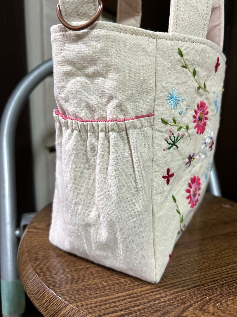 花柄刺繍トートバッグフリルショルダー