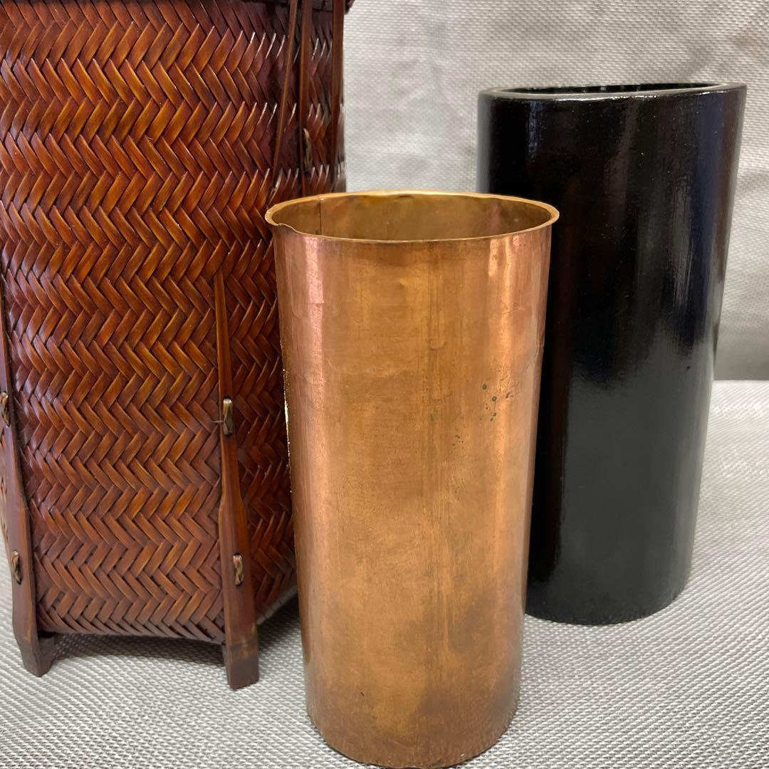 未使用 六角形 花籠 竹製 網代編み おとし銅製 花入れ 竹籠 茶道具 持ち手付