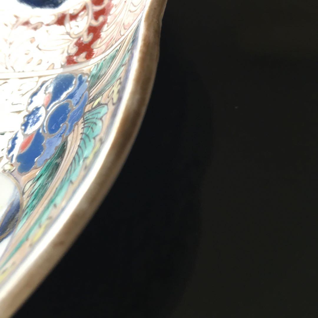 古伊万里染錦手　【飾り皿】区割窓絵　山水　花紋　輪花型　大皿　１客