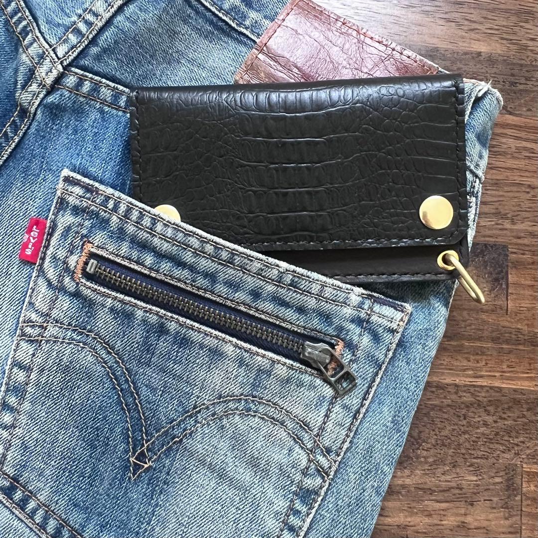 姫路レザー トラッカーウォレット ミドル 黒 クロコ型押し 『紙幣折らずに収納可