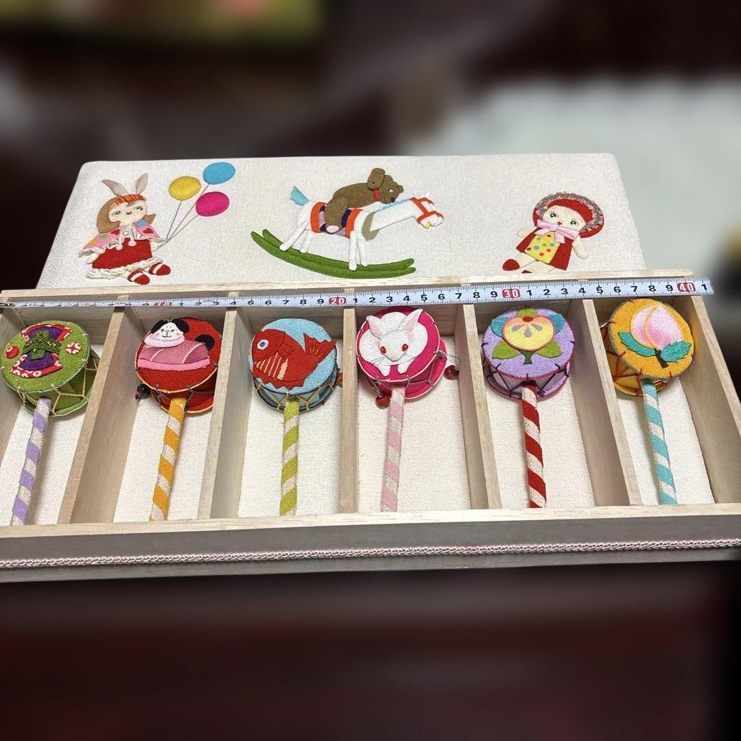 人形作家作　古布ちりめん細工　手作り置き物　でんでん太鼓6個セット