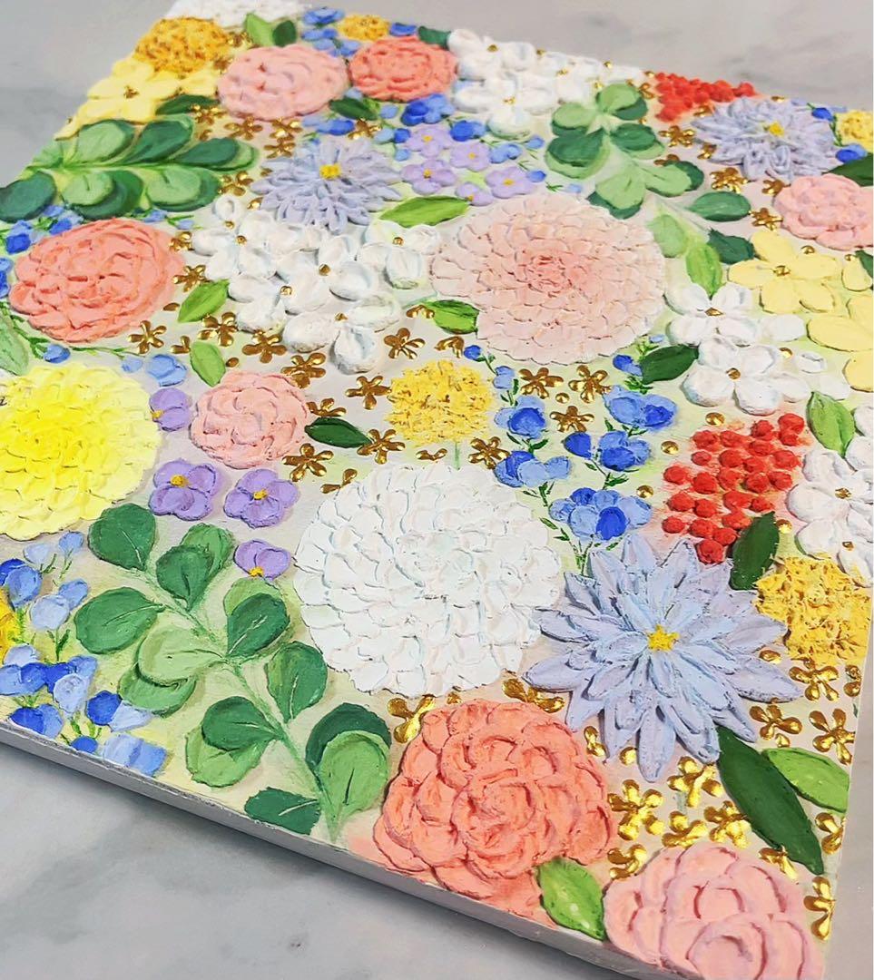 テクスチャーアート ゴールド金 絵画 花の絵 花柄 インテリア 原画　ボタニカル
