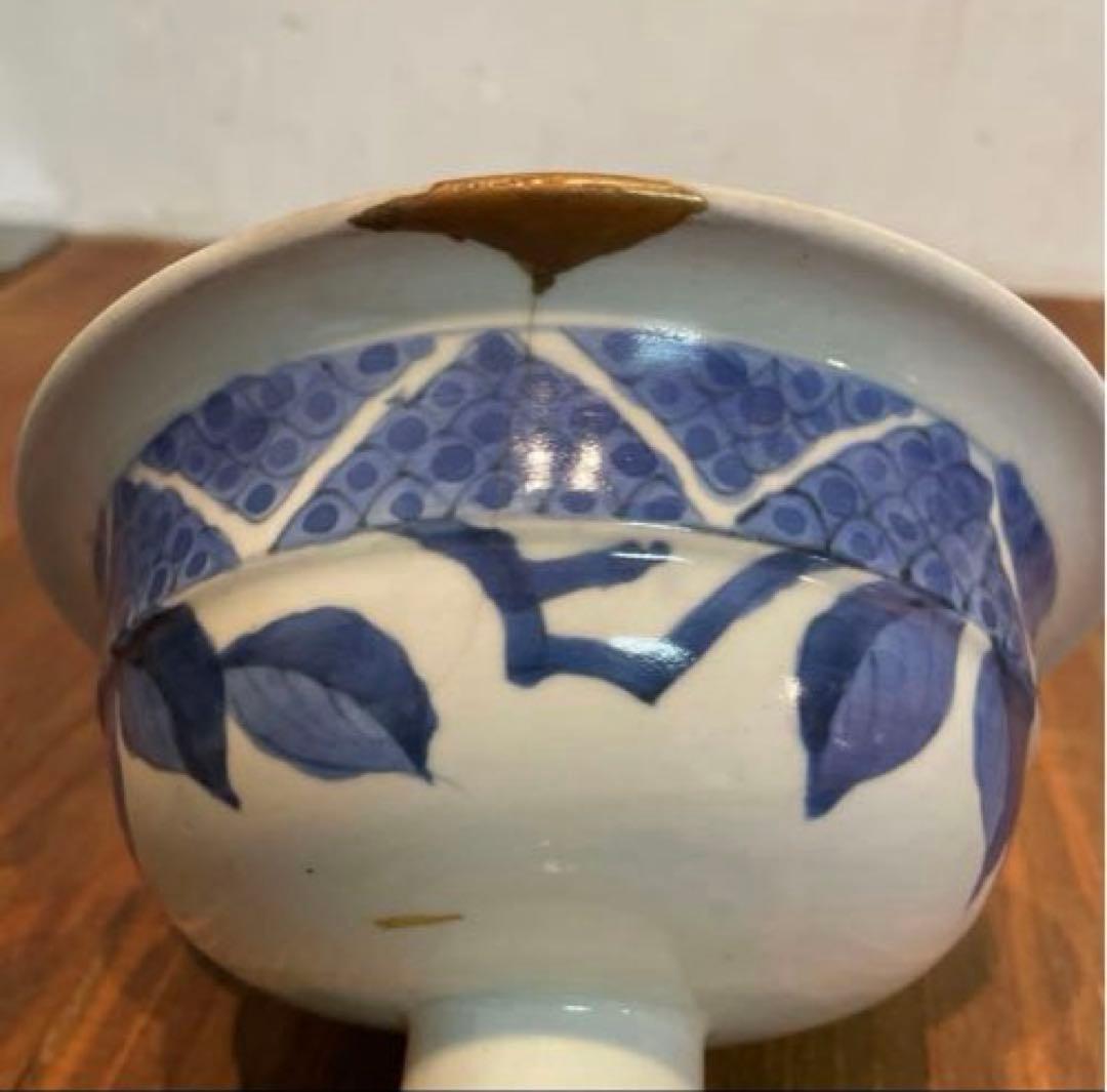 美品　古伊万里　染付の器　江戸時代　肥前　磁器　高杯　金継ぎ　染付の絵柄が上品な