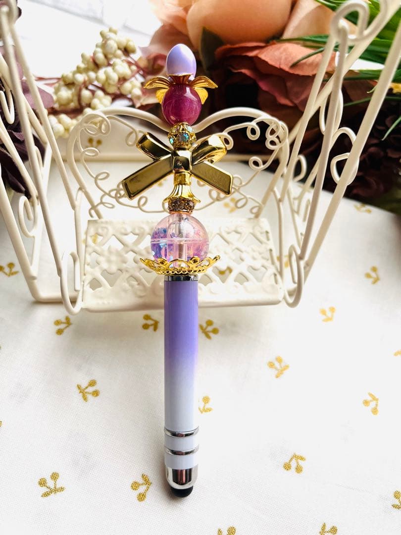 NO.296 カスタムタッチペンandボールペン　リボン　液入りビーズ　パープル