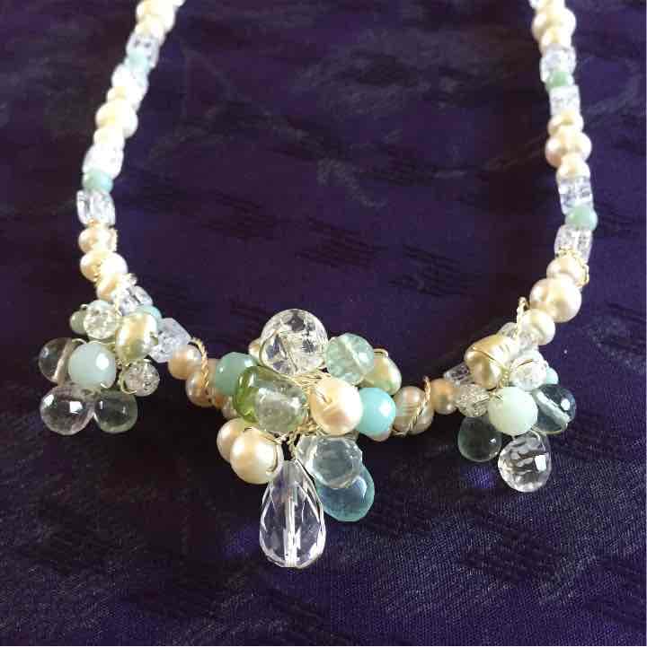 【ハンドメイド☆】　ネックレス　パール　アクアマリン　ペリドット