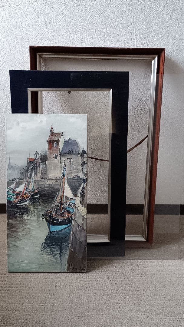 フランス画家 Van Lod 油彩画 風景画 港町 サイン有 アンティーク