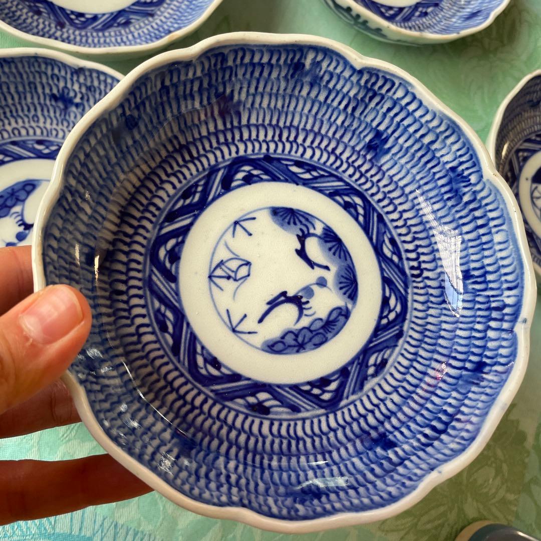 明治期　伊万里焼　染付　微塵子唐草　松竹梅　吉祥文様　膾皿　5客