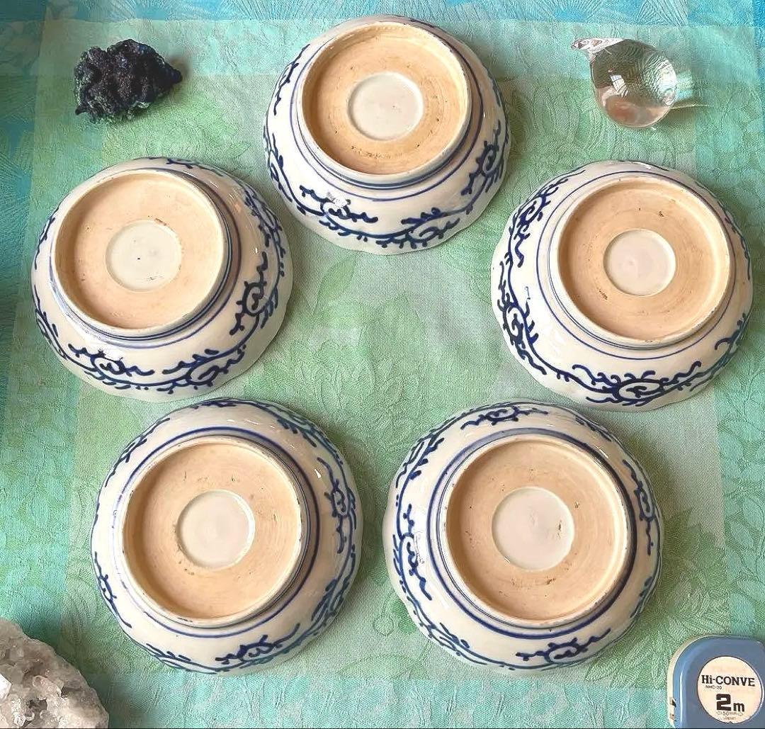 明治期　伊万里焼　染付　微塵子唐草　松竹梅　吉祥文様　膾皿　5客