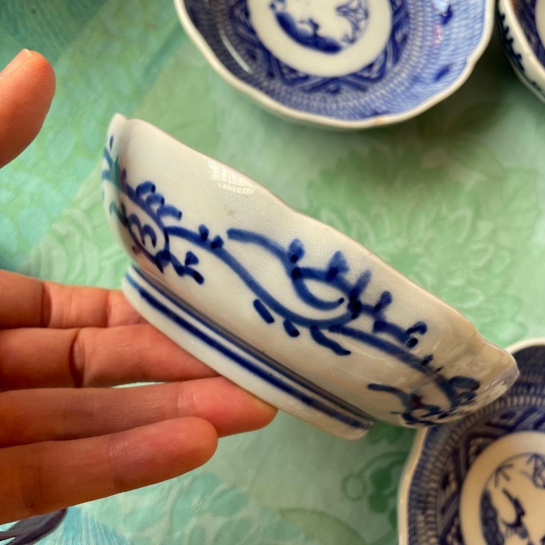 明治期　伊万里焼　染付　微塵子唐草　松竹梅　吉祥文様　膾皿　5客