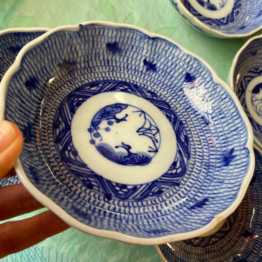 明治期　伊万里焼　染付　微塵子唐草　松竹梅　吉祥文様　膾皿　5客