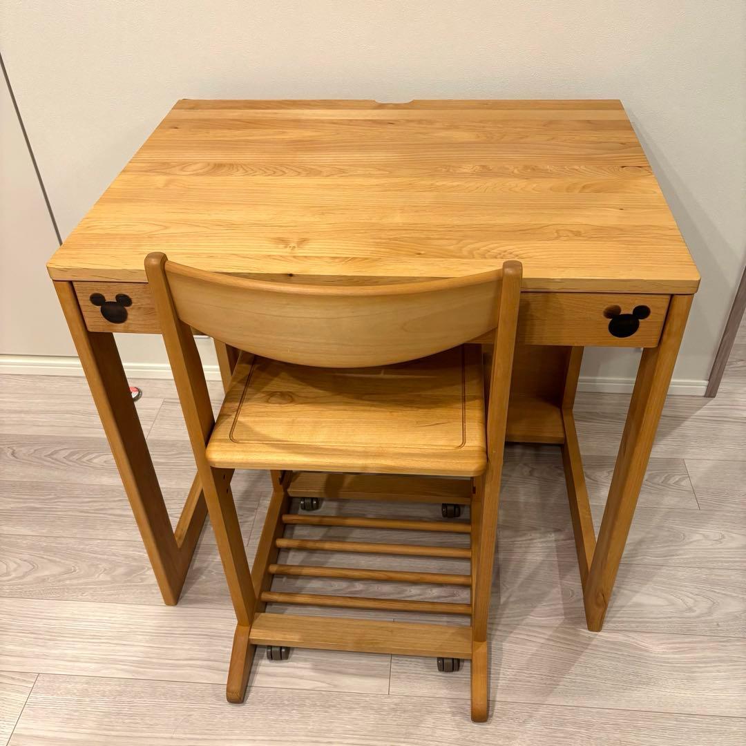 【売切れ品】ベルメゾン 天然木学習机&チェアセット ミッキーモチーフ 勉強机