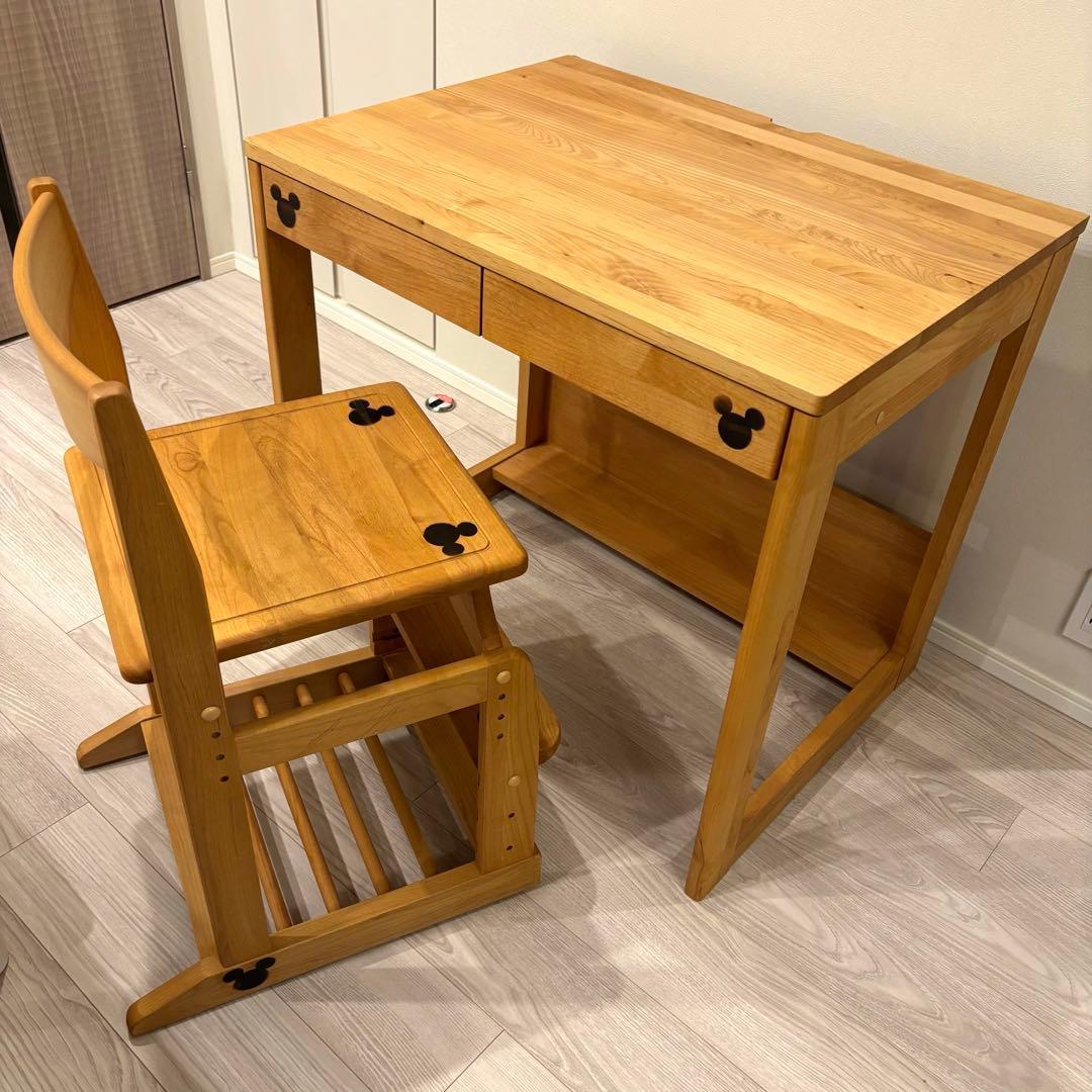 【売切れ品】ベルメゾン 天然木学習机&チェアセット ミッキーモチーフ 勉強机