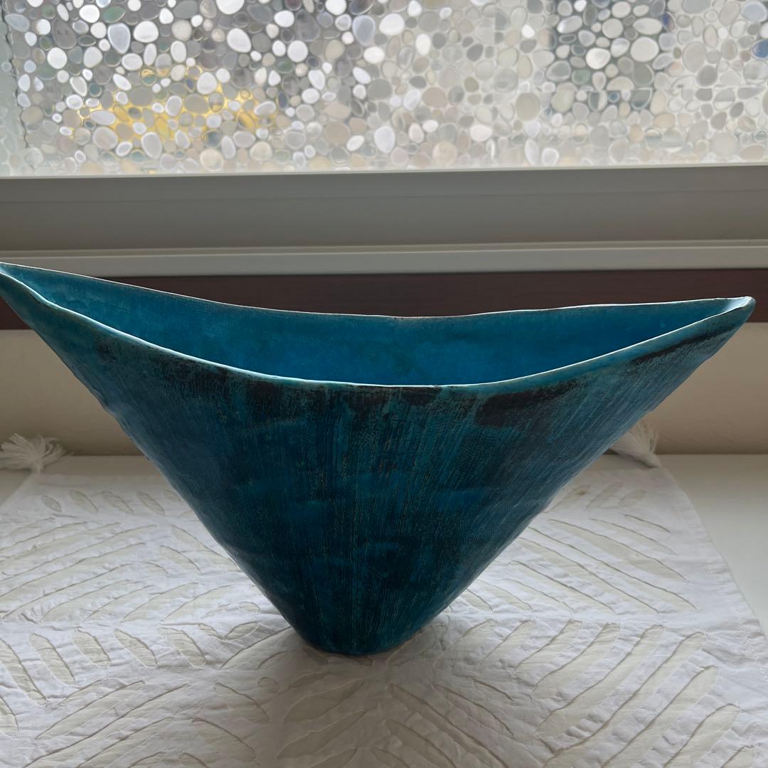 いけばな　青い舟形　花瓶　花器　フラワーベース