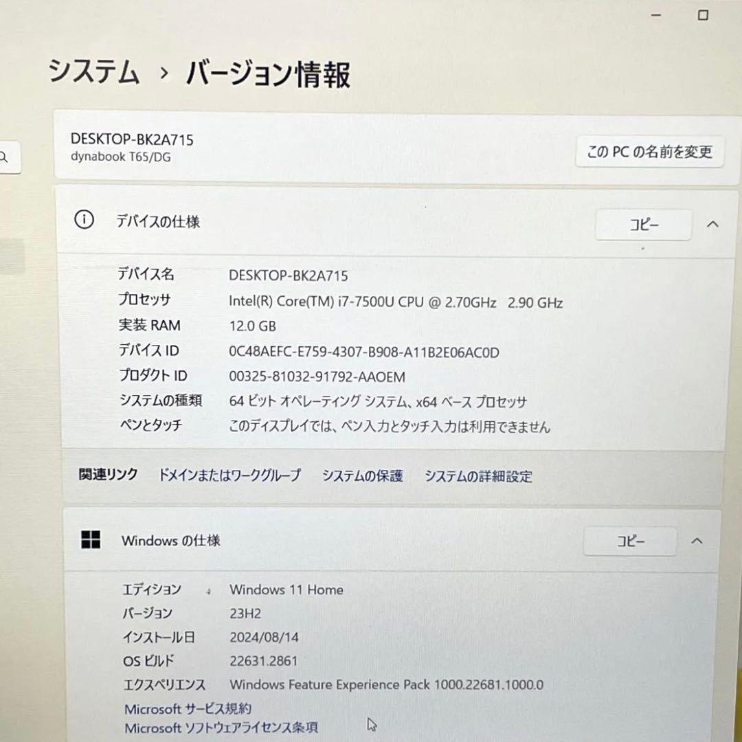 東芝 dynabook T65DG SSD256GB メモリ12GB パソコン
