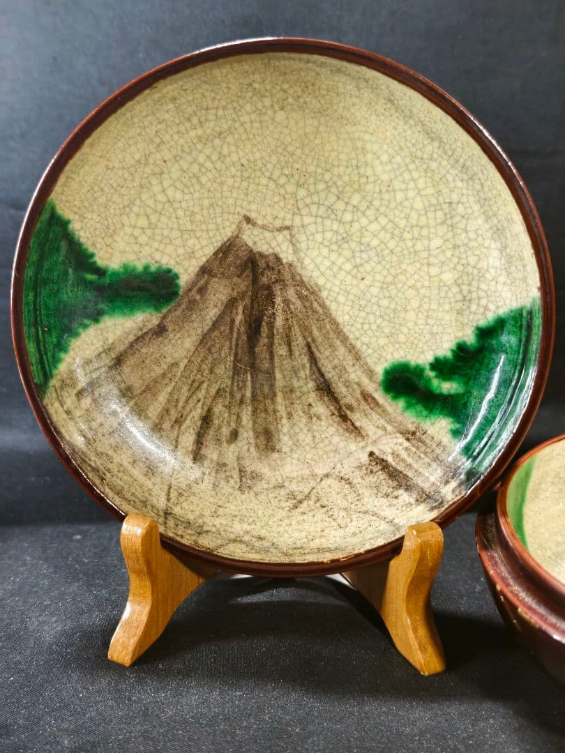 古鉢 豊楽焼 江戸時代 豊木 蒔絵 織部釉富士山図 桐箱 古美術 骨董品美品