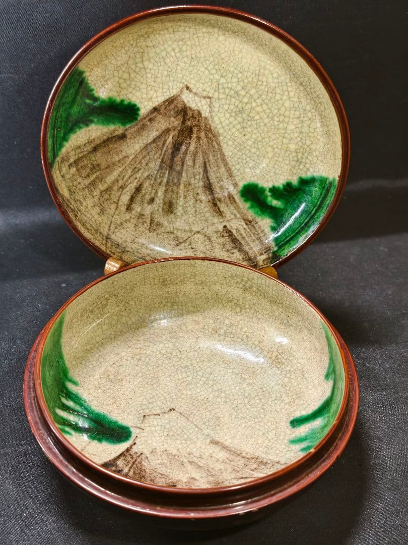 古鉢 豊楽焼 江戸時代 豊木 蒔絵 織部釉富士山図 桐箱 古美術 骨董品美品