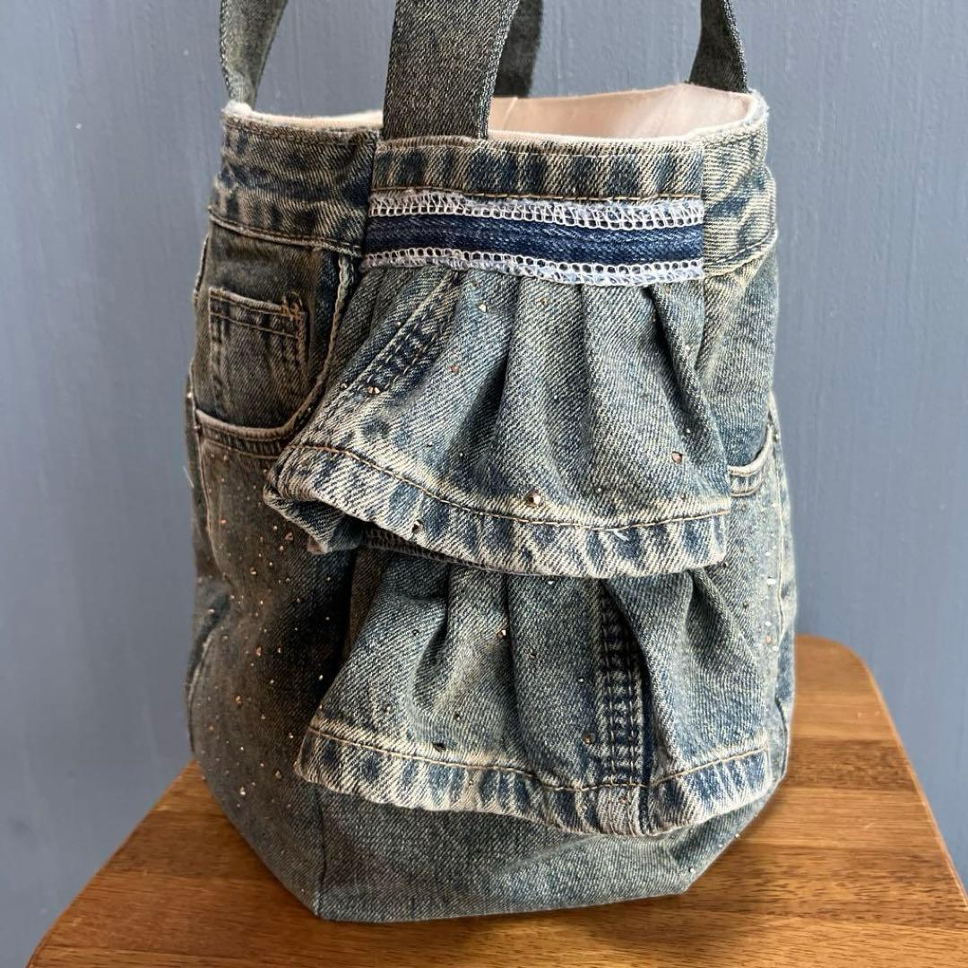 売約済み289デニムリメイク　アシンメトリー　ラインストーン　マグネットボタン