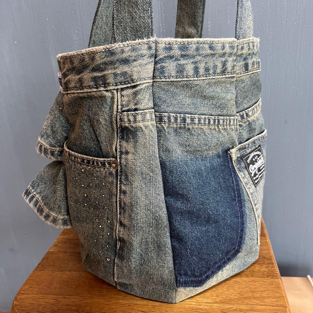 売約済み289デニムリメイク　アシンメトリー　ラインストーン　マグネットボタン