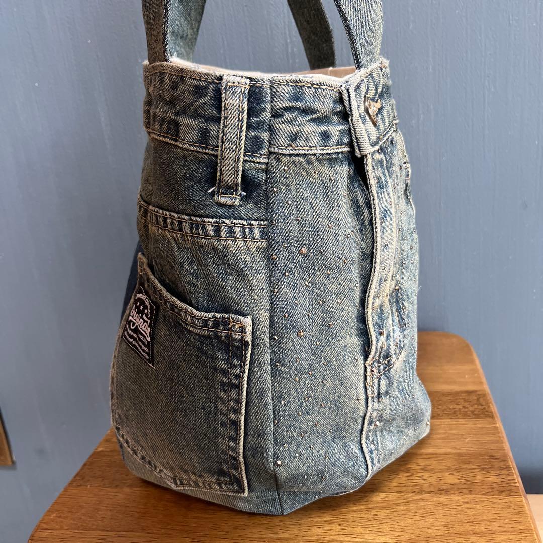 売約済み289デニムリメイク　アシンメトリー　ラインストーン　マグネットボタン