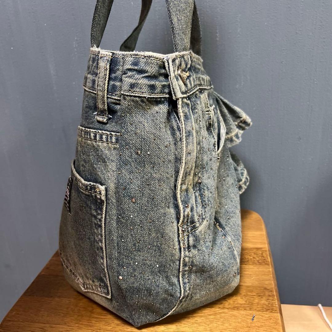 売約済み289デニムリメイク　アシンメトリー　ラインストーン　マグネットボタン