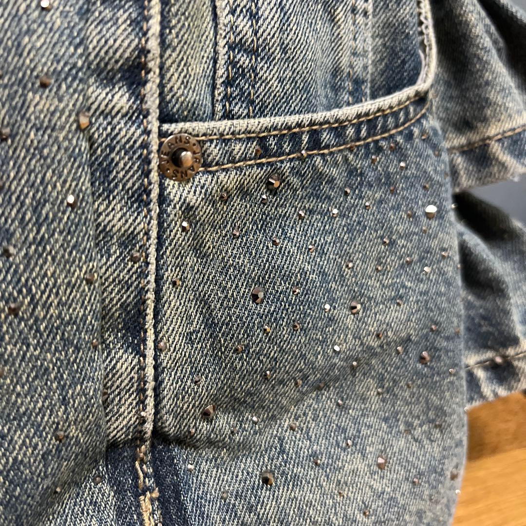 売約済み289デニムリメイク　アシンメトリー　ラインストーン　マグネットボタン